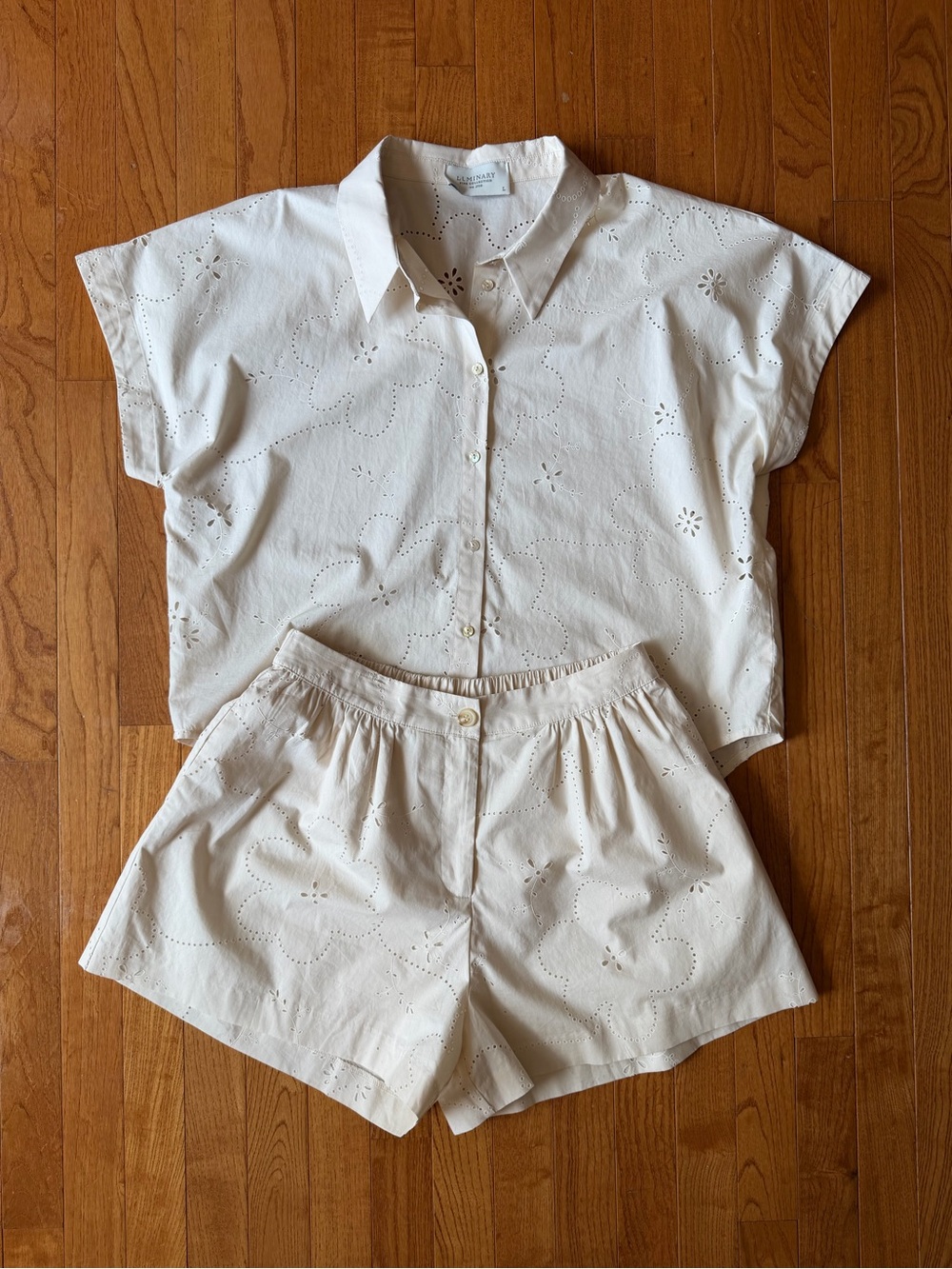 Luminary Floral Eyelet Two Piece Set Cream Button Up Top L & Pleated Shorts M